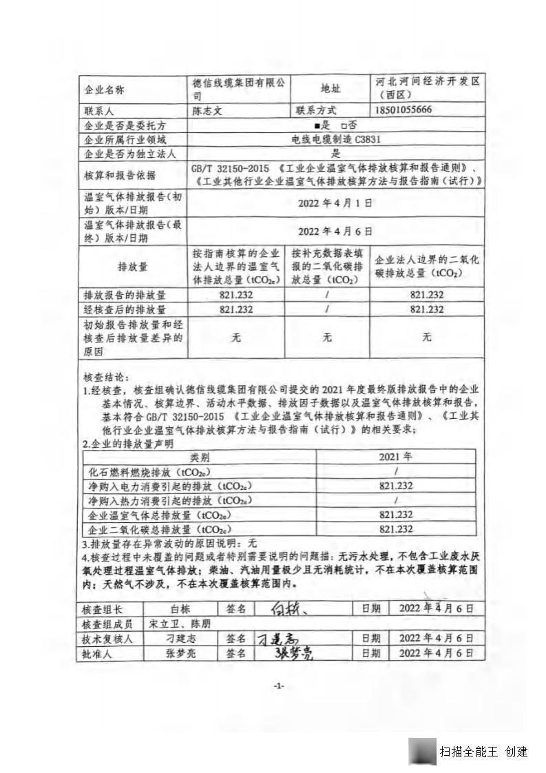 2021年德信线缆集团有限公司温室气体核查报告